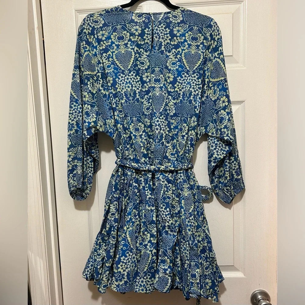 RHODE Floral Print Dress Blue Cream Feminine Ruffle Cotton Beach Vacation Sz Med - Picture 14 of 16
